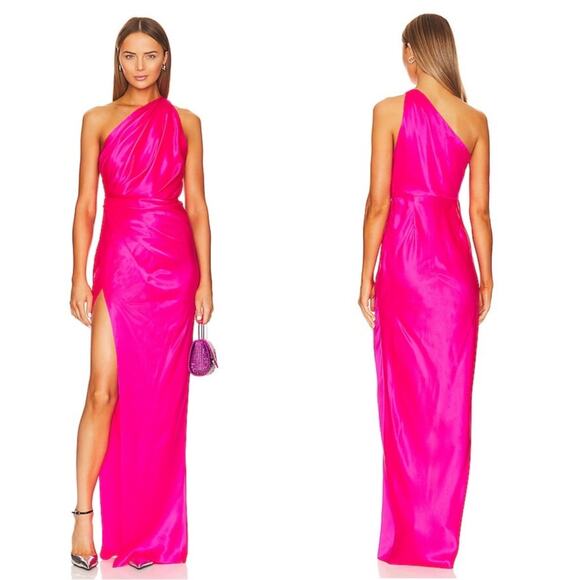 The Sei Asymmetrical Drape Hot Pink Silk One Shoulder Maxi Gown Size 4 - Picture 1 of 8